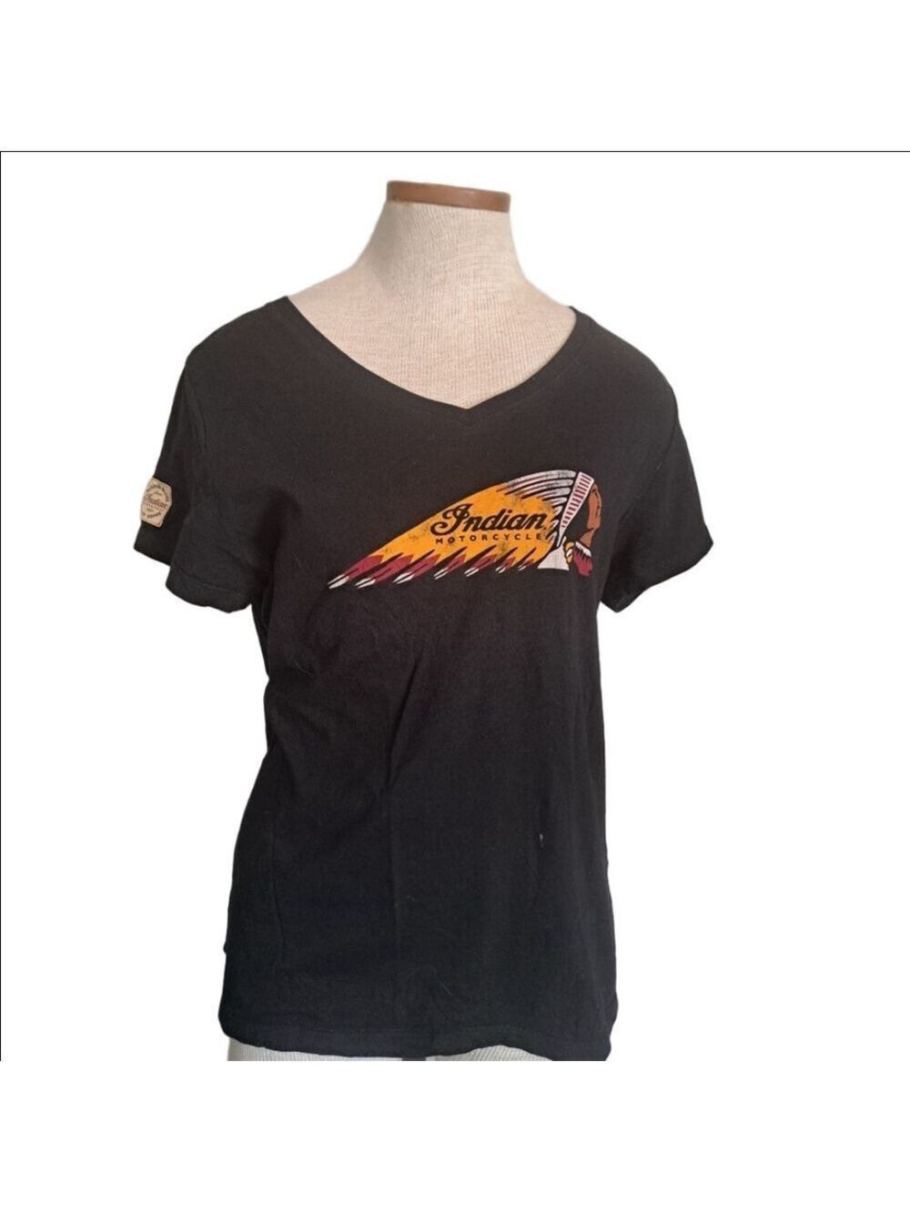 INDIAN MOTORCYCLES ladies V neck Tshirt TEE black screen print cotton coastal L